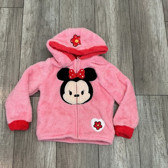 Disney Minnie Mouse Fuzzy Zip Up Hoodie Flower Applique Pink Girl's Size 7 - Picture 3 of 5